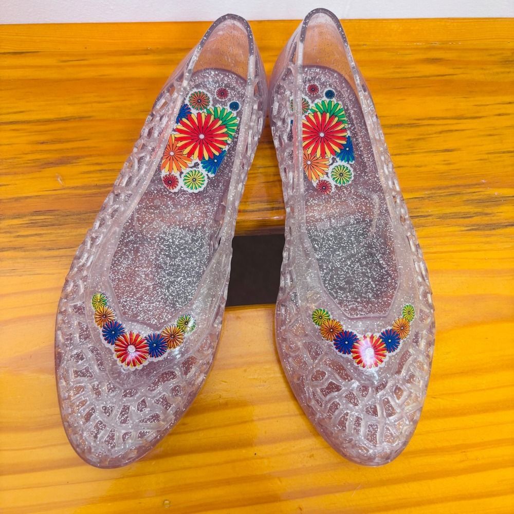 VTG Y2K Grendene Jelly Flats Sparkle Flower Accent Shoes Girls Sz 13 Brazil